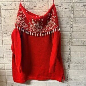 Studio C Red Beaded Pearl Embellished Sweater – Size 2X – Glam Off-Shoulder